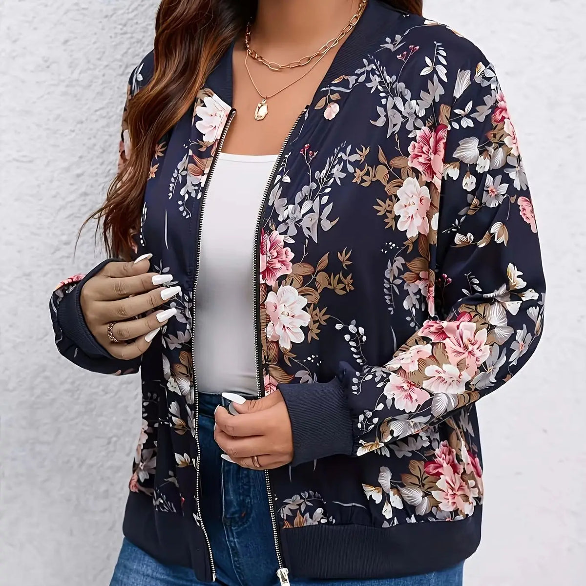 Women Floral Print Baseball Jacket Casual Zippered Outerwear
