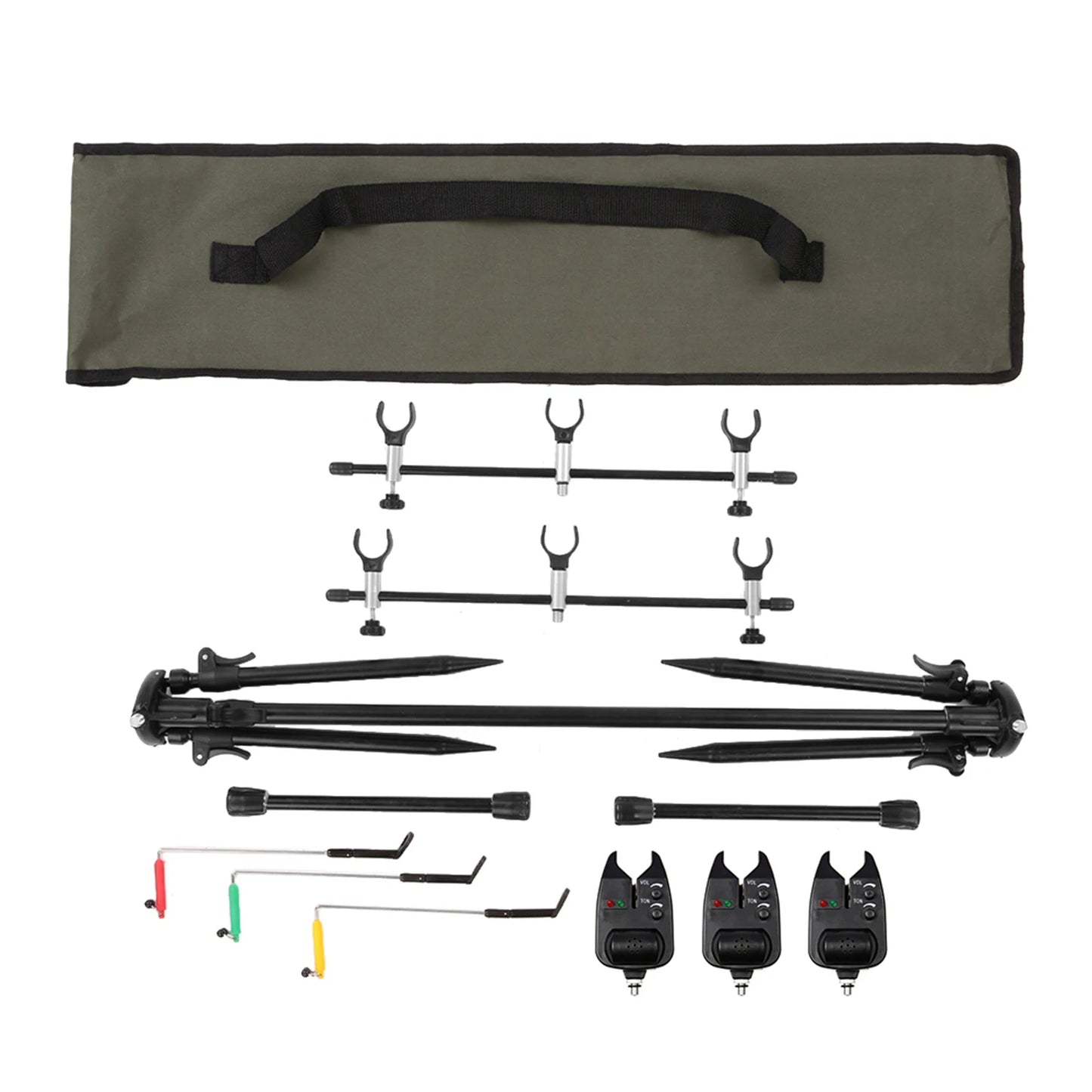 Adjustable Rod Pod Stand With 3 Bite Alarms And Swingers