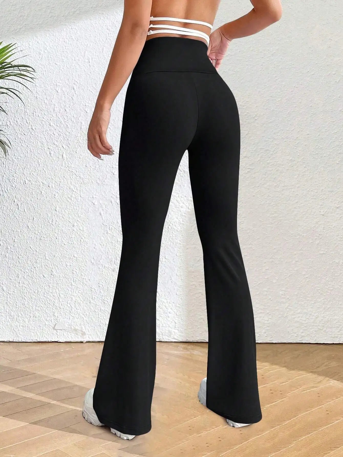 Solva Solid Flare Leg Pants High Waist Elastic Yoga Wear