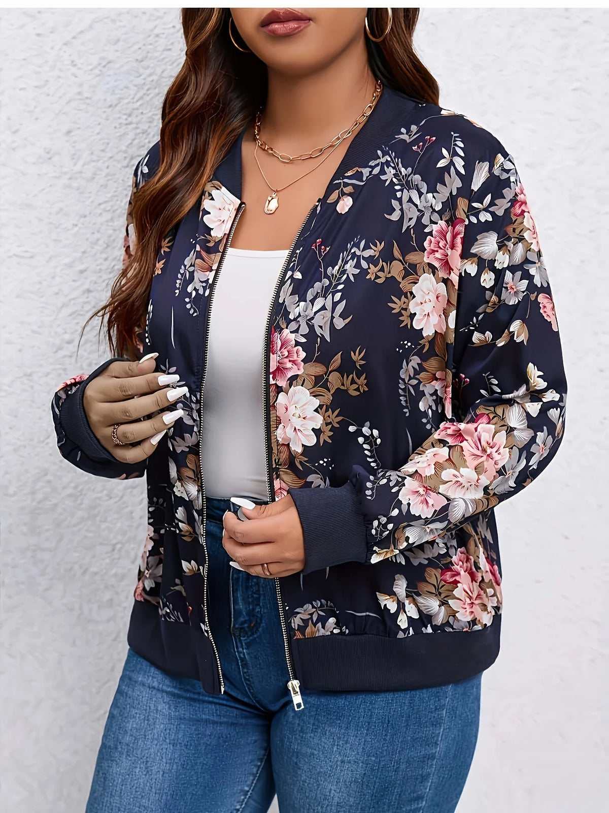 Women Floral Print Baseball Jacket Casual Zippered Outerwear
