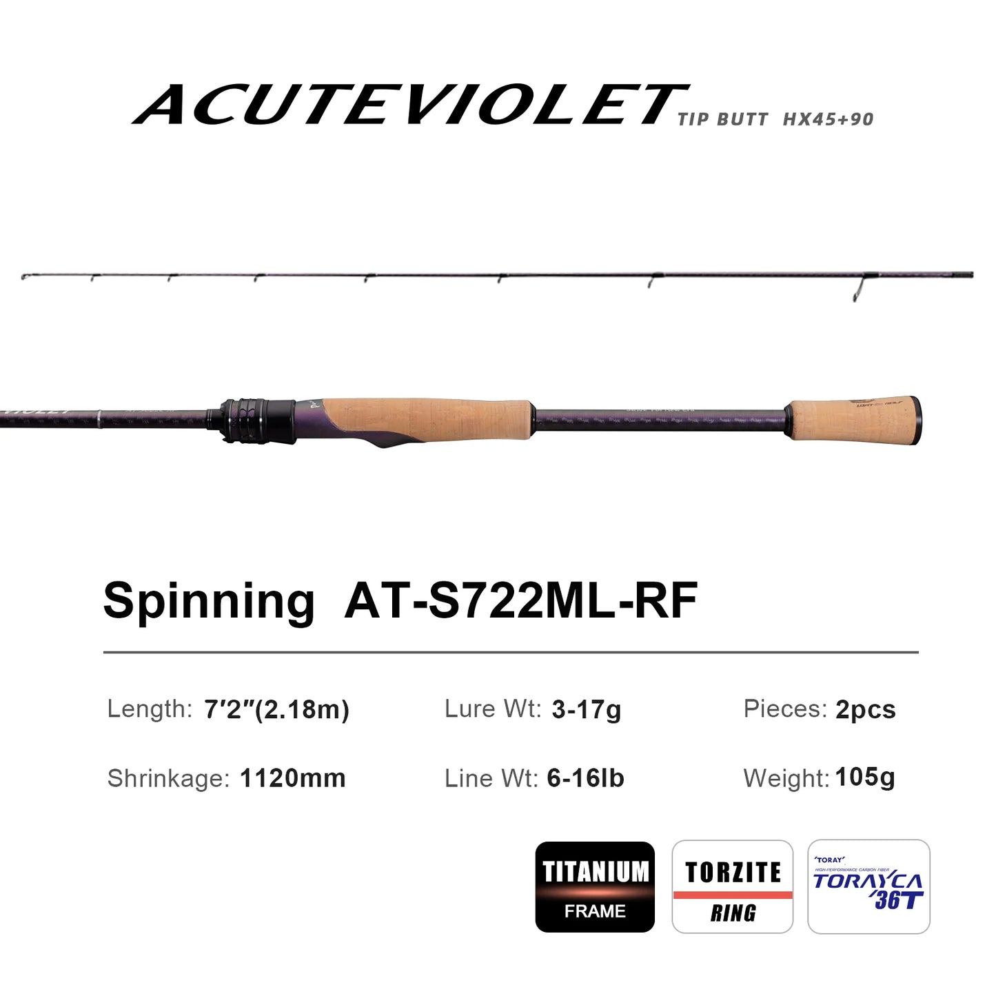 Pure-Lure AcuteViolet Bass Fishing Rod 2 Piece Fast Action