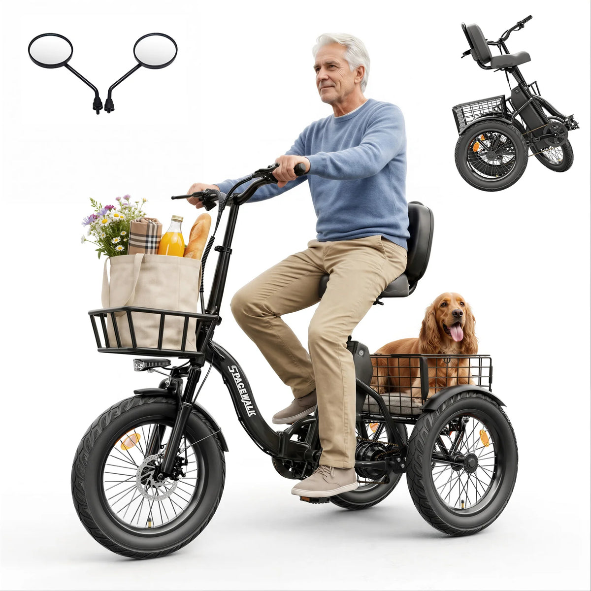 Spacewalk 1200W Folding Electric Trike With Rear Cargo Basket