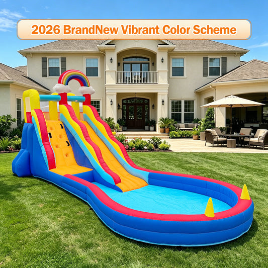 RTS Inflatable Double Water Slide With Splash Pool Rainbow Theme