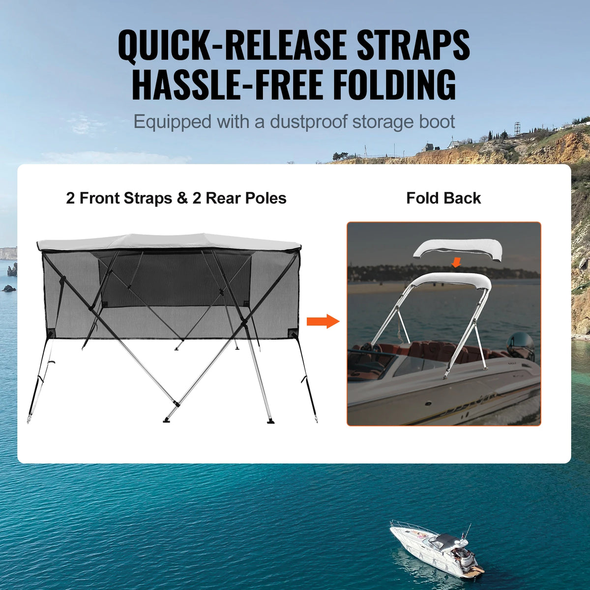 SucceBuy 4 Bow Bimini Top Boat Canopy With Mesh Sidewalls