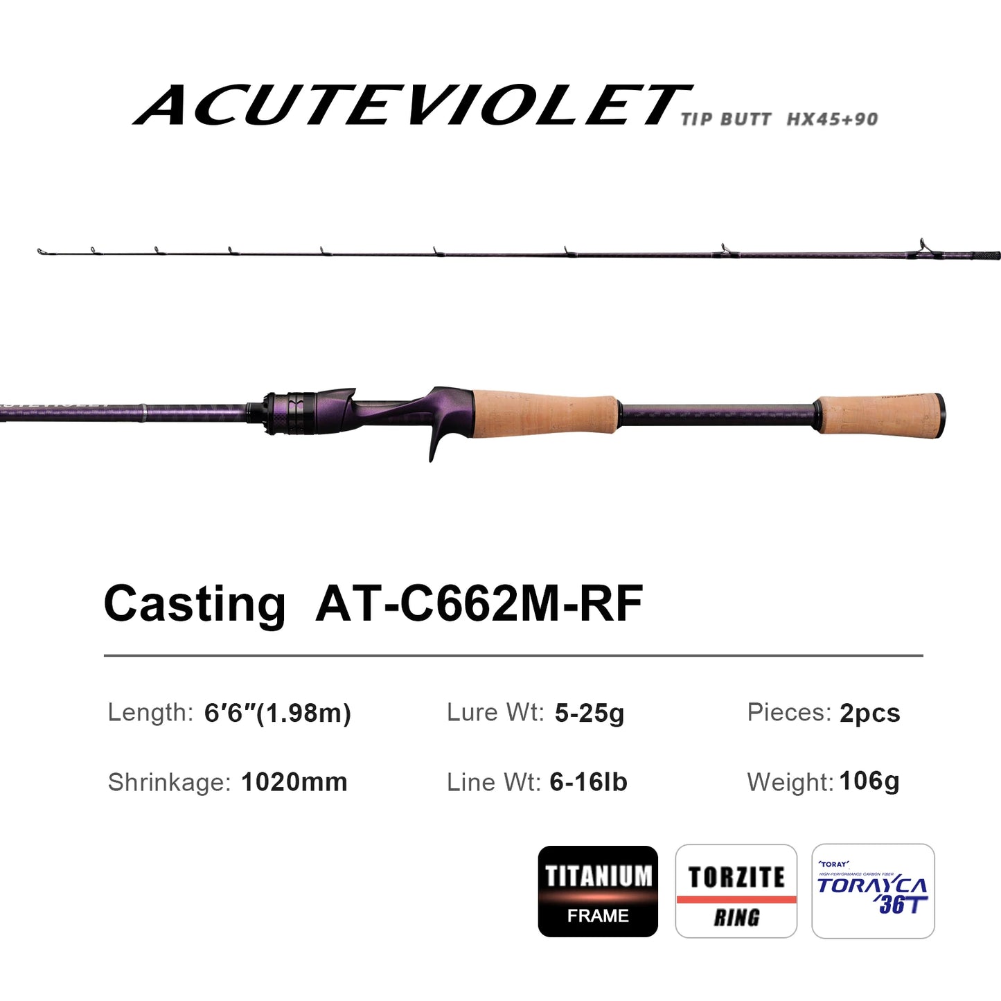 Pure-Lure AcuteViolet Bass Fishing Rod 2 Piece Fast Action