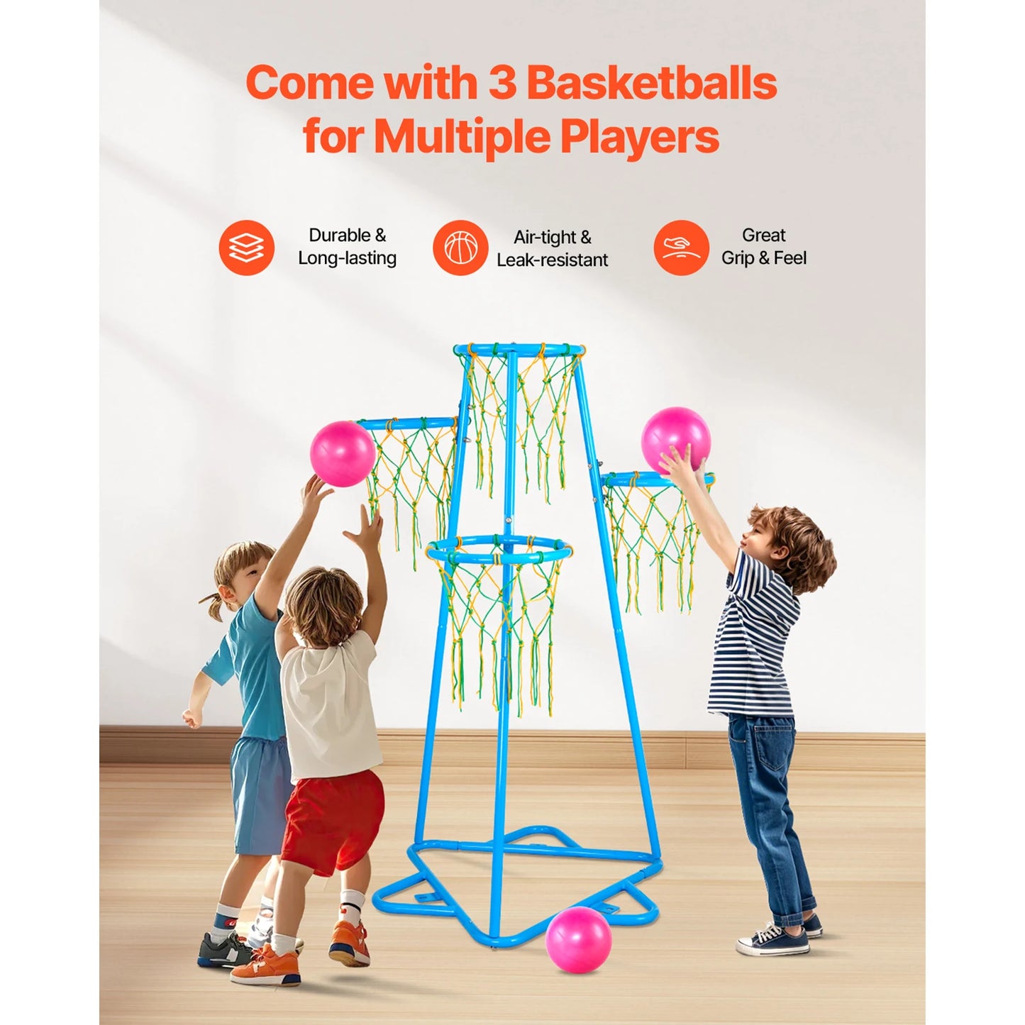 SucceBuy 4 Hoop Kids Basketball Hoop Stand With Adjustable Heights And 3 Balls