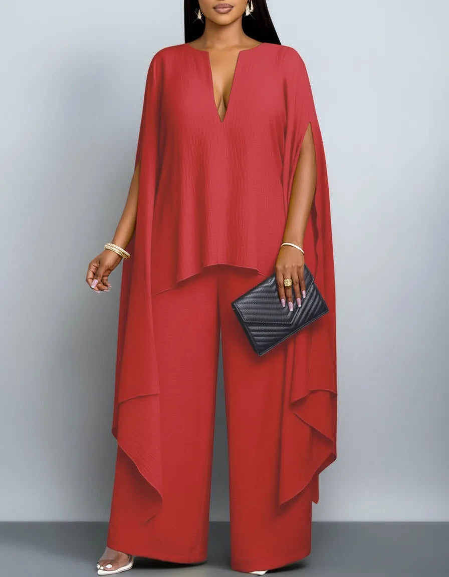 Women V Neck Split Cape Sleeve Wide Leg Two Piece Set