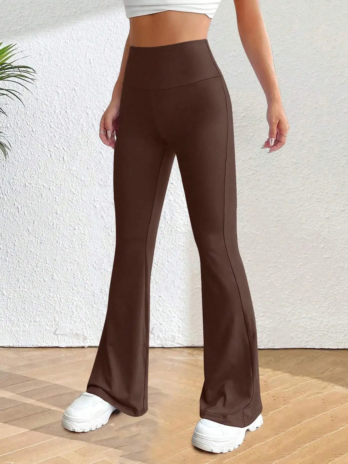 Solva Solid Flare Leg Pants High Waist Elastic Yoga Wear