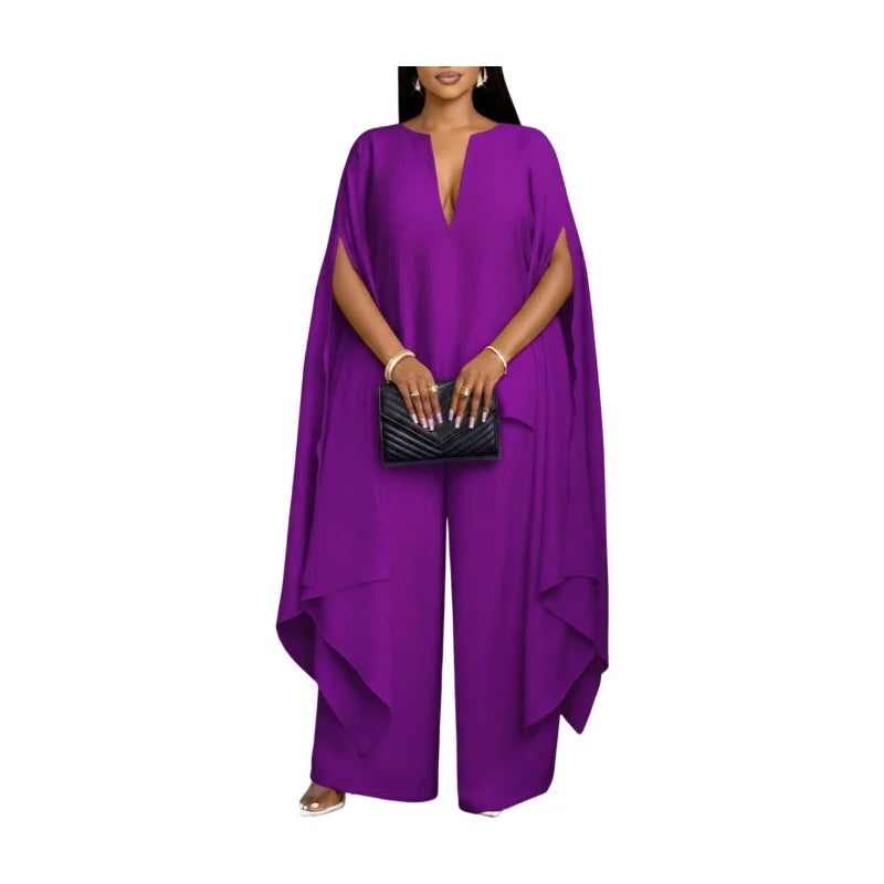 Women V Neck Split Cape Sleeve Wide Leg Two Piece Set