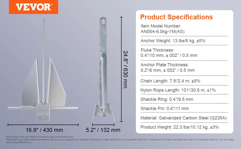 SucceBuy Galvanized Steel Fluke Anchor Kit With Rope And Chain