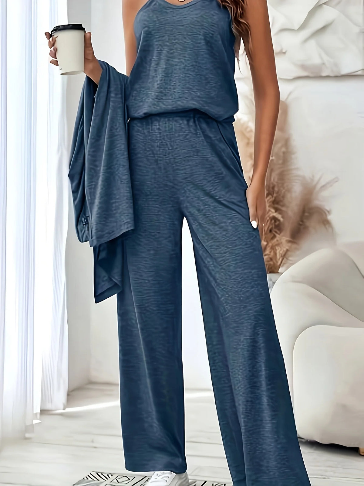 Women Knit Three Piece Lounge Set Cardigan Tank Wide Pants