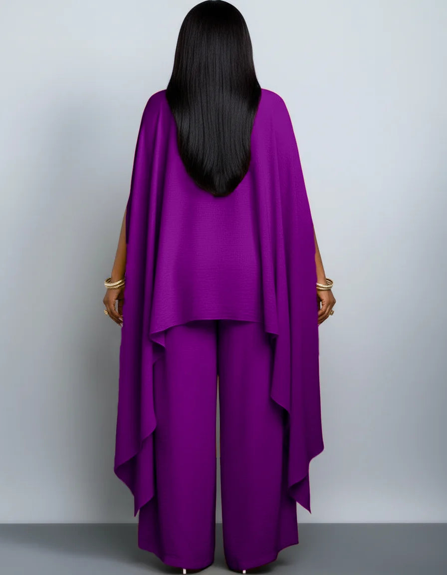 Women V Neck Split Cape Sleeve Wide Leg Two Piece Set
