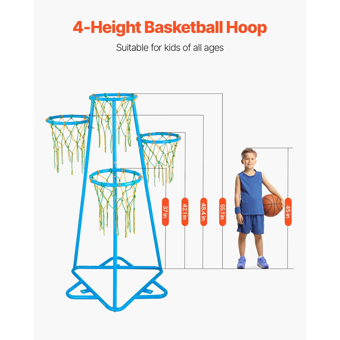 SucceBuy 4 Hoop Kids Basketball Hoop Stand With Adjustable Heights And 3 Balls