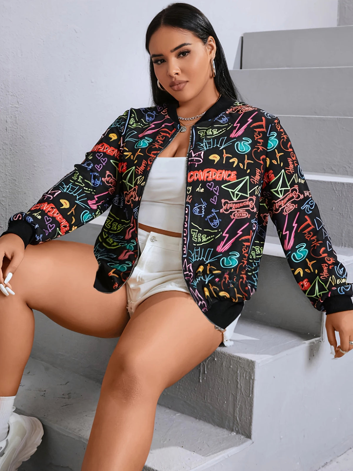 Women Graffiti Print Baseball Jacket With Zipper Stand Collar