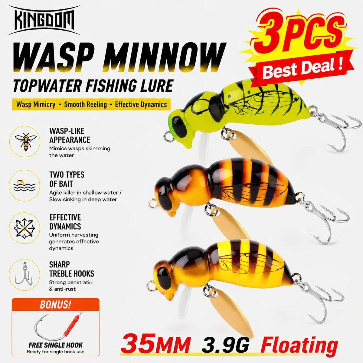 Kingdom 3Pcs Wasp Minnow Lure Floating Wobbler With Spinner