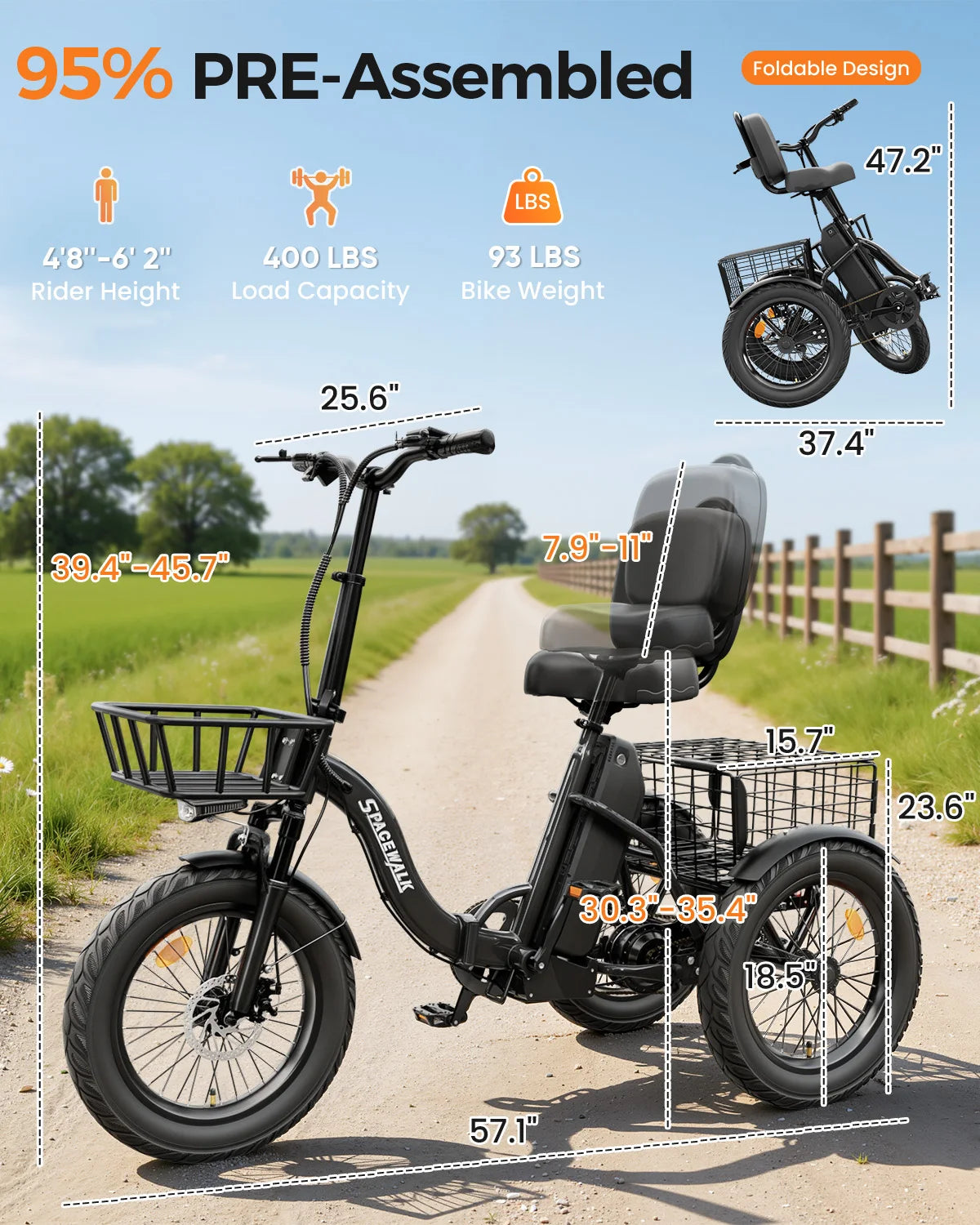 Spacewalk 1200W Folding Electric Trike With Rear Cargo Basket