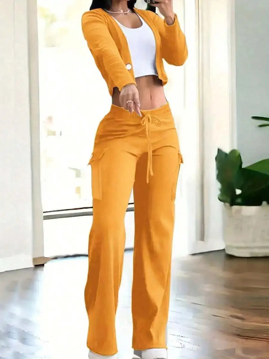 Women Two Piece Knit Set Crop Top With Drawstring Cargo Pants Casual Y2K Style