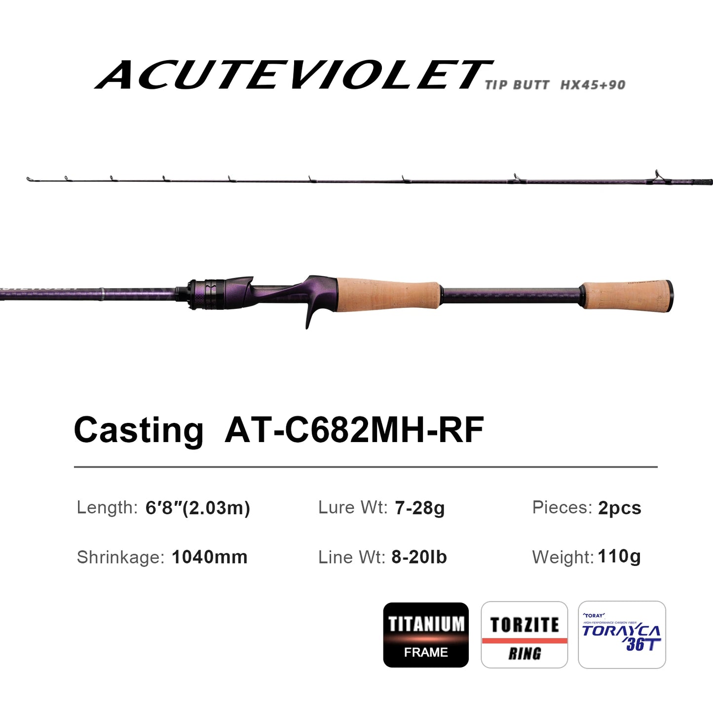 Pure-Lure AcuteViolet Bass Fishing Rod 2 Piece Fast Action