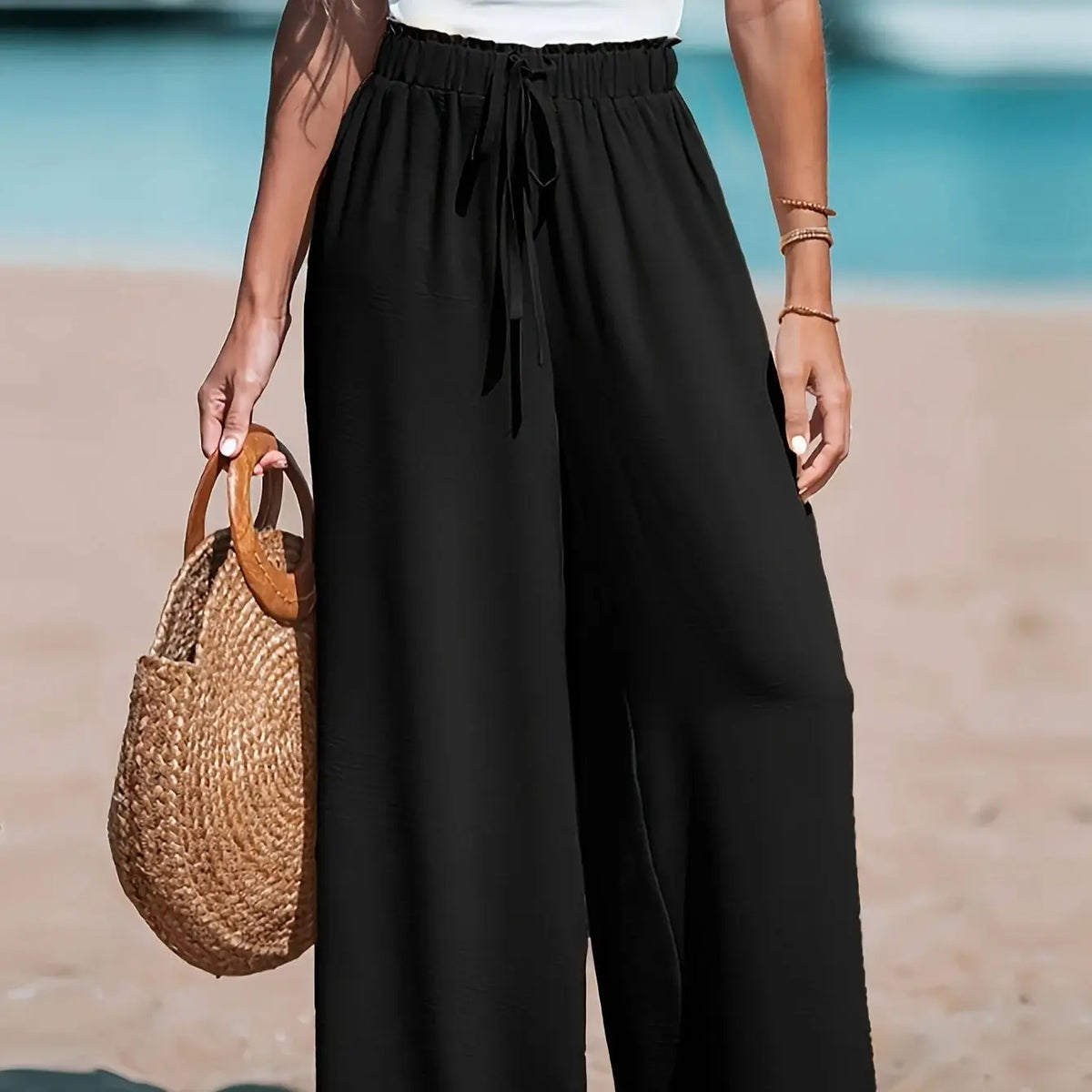 Women Casual Wide Leg Pants Elastic Waist
