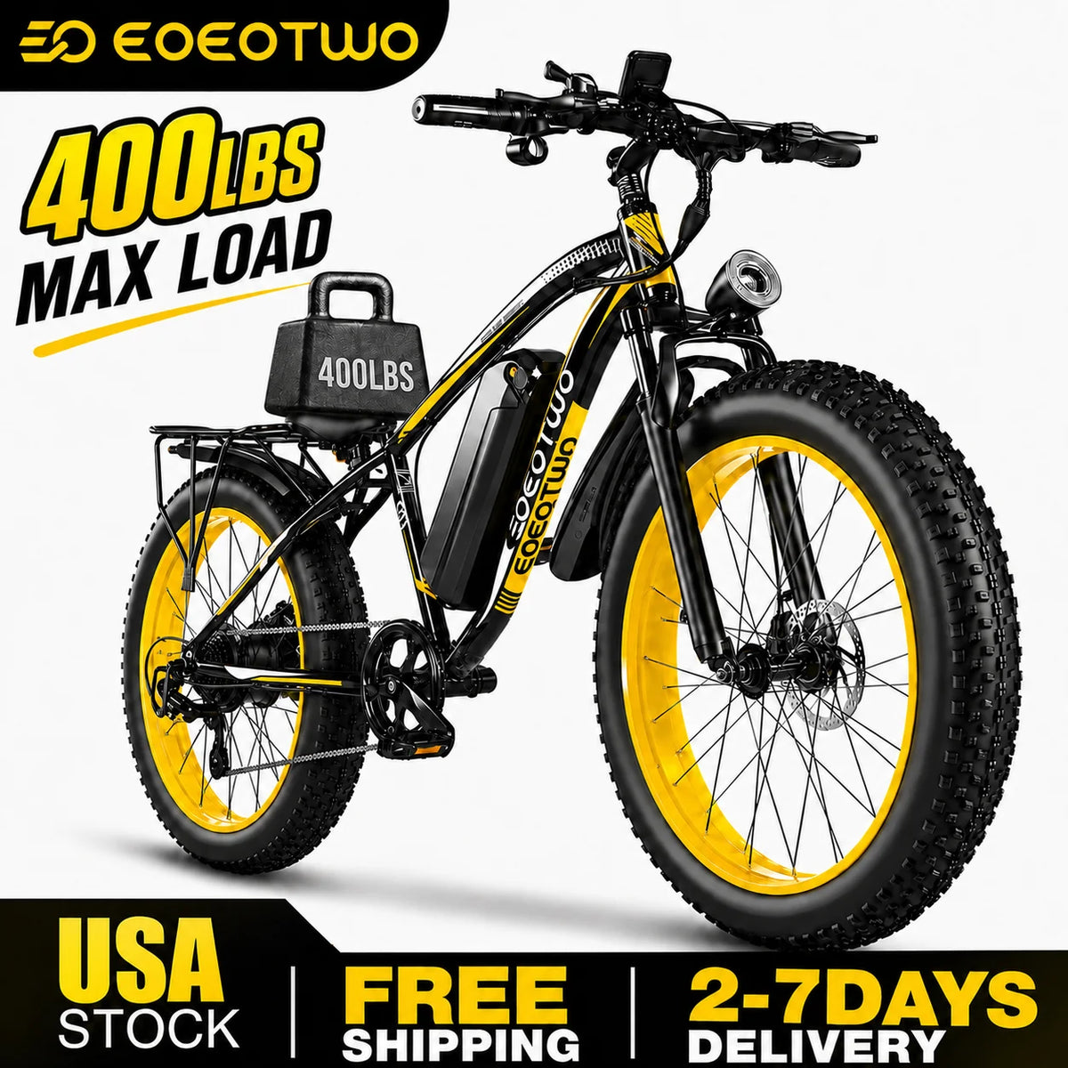 EOEOTWO Heavy Duty Ebike 390 Lb Capacity 34 MPH Front Suspension
