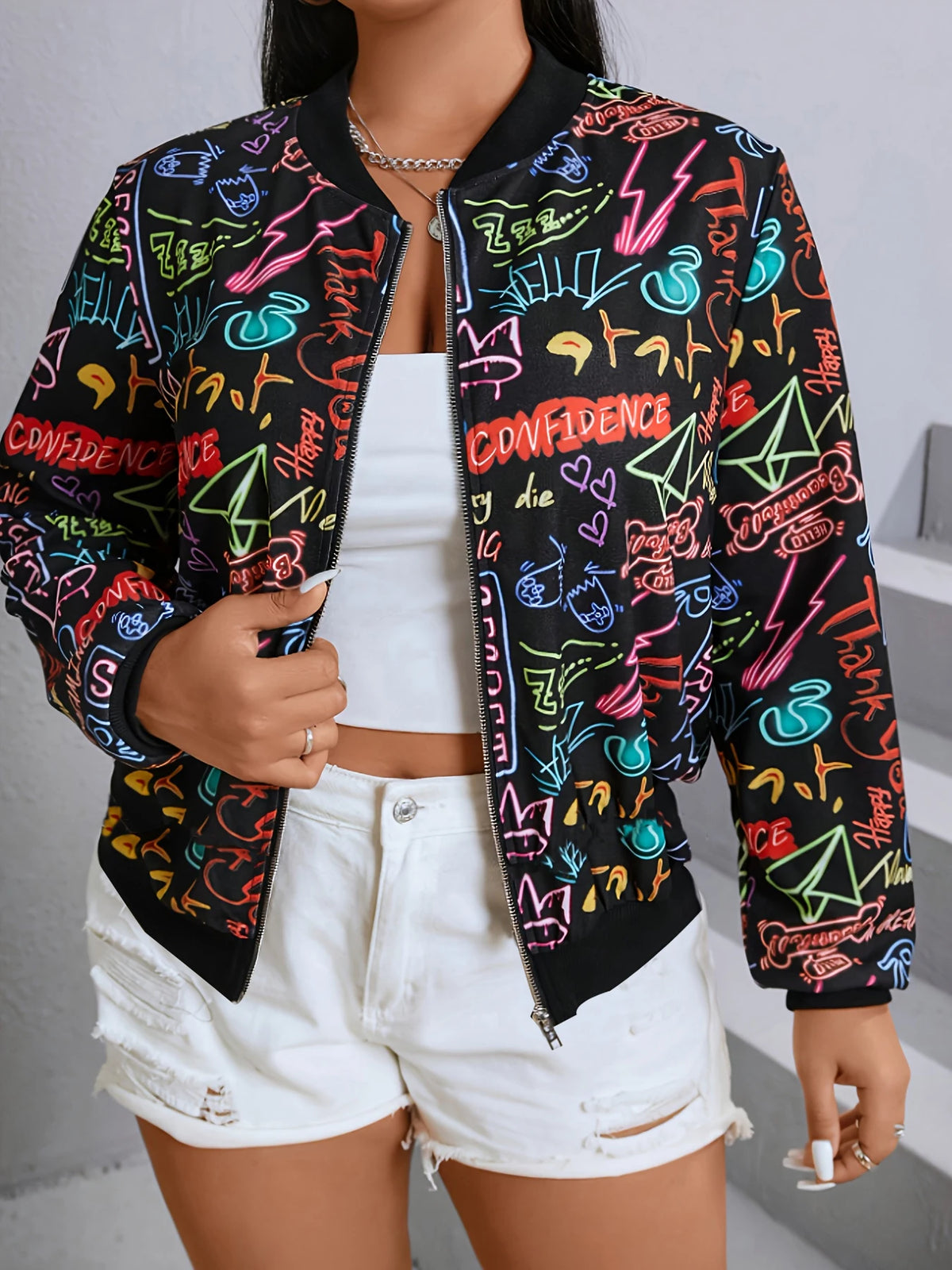 Women Graffiti Print Baseball Jacket With Zipper Stand Collar