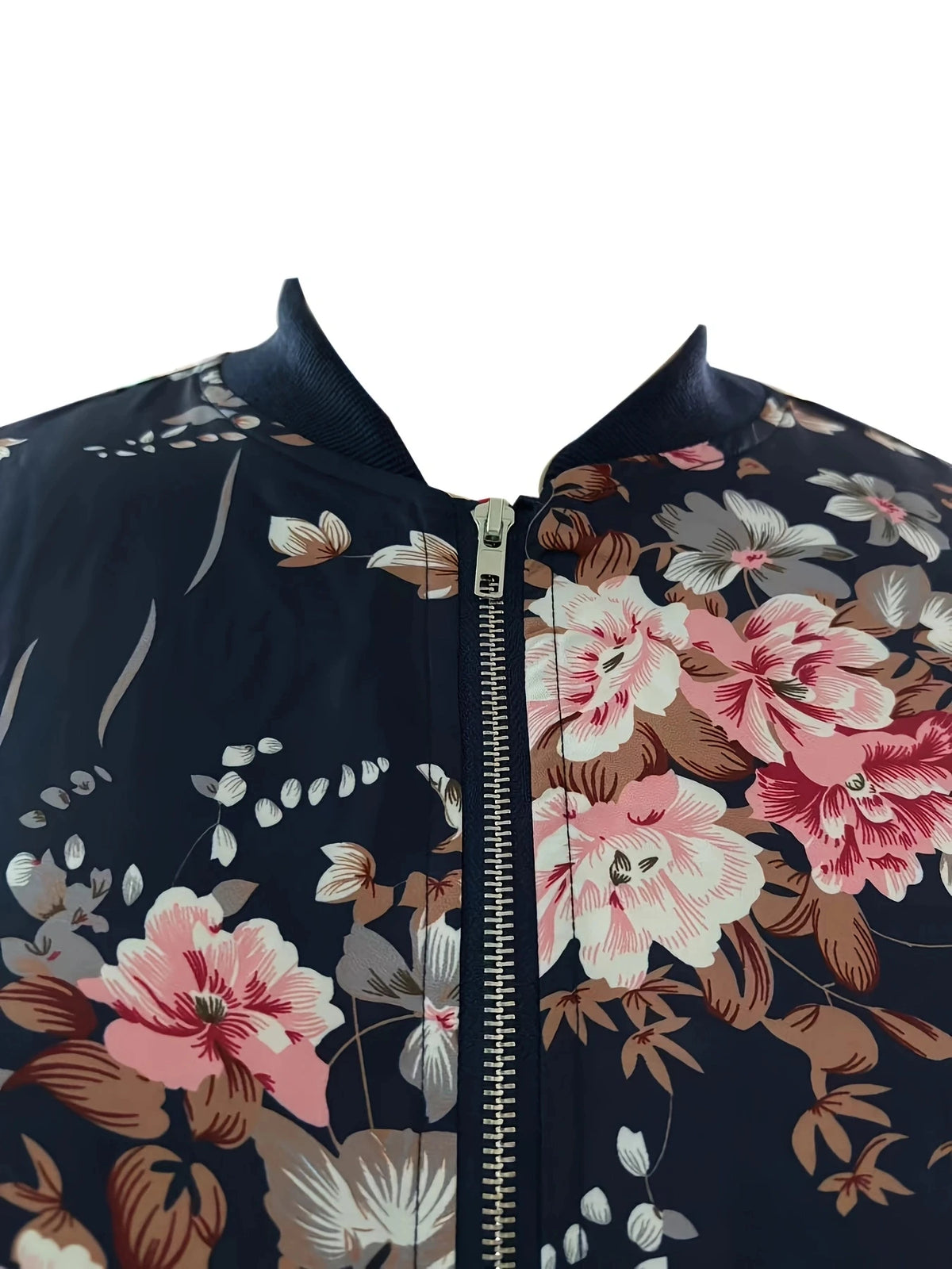 Women Floral Print Baseball Jacket Casual Zippered Outerwear