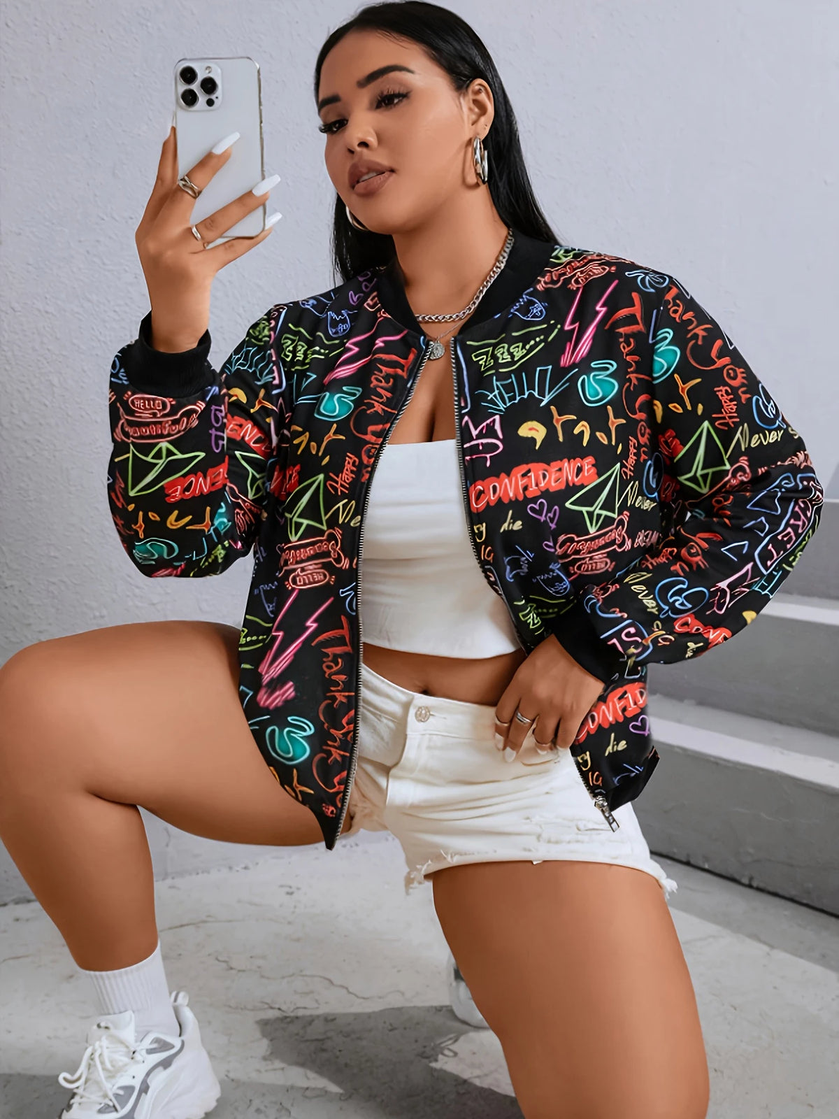 Women Graffiti Print Baseball Jacket With Zipper Stand Collar
