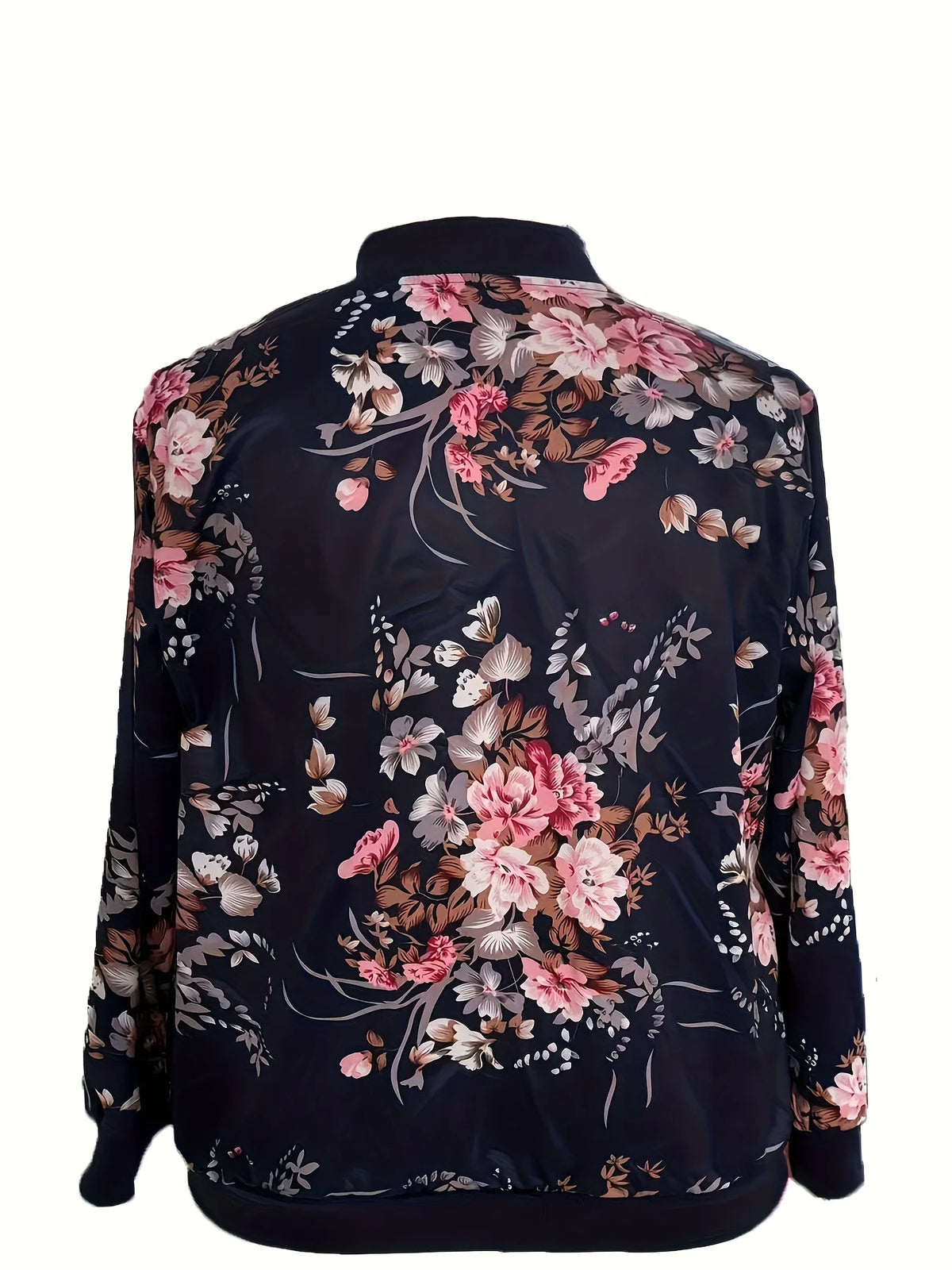 Women Floral Print Baseball Jacket Casual Zippered Outerwear