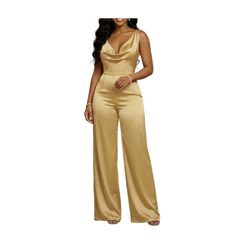 Women Sleeveless V Neck Cowl Wide Leg Polyester Jumpsuit