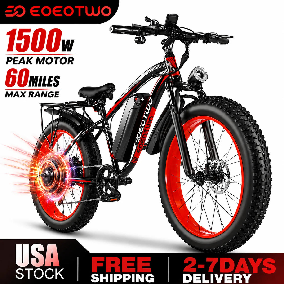 EOEOTWO Fat Tire Electric Bike 1000W Motor 34 MPH Range