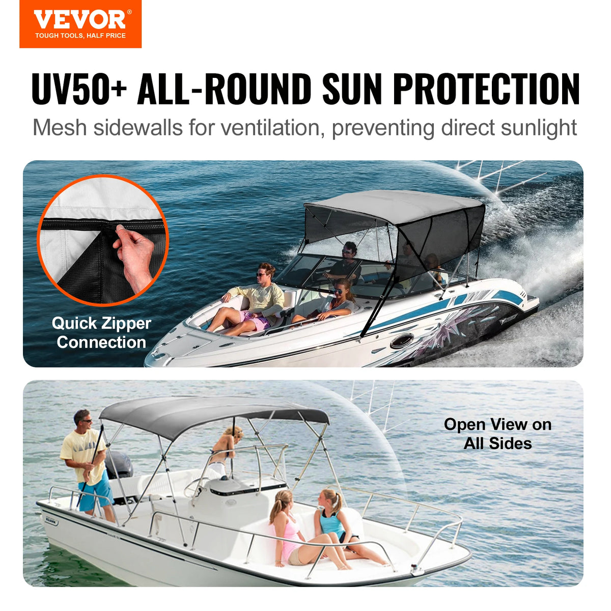 SucceBuy 4 Bow Bimini Top Boat Canopy With Mesh Sidewalls